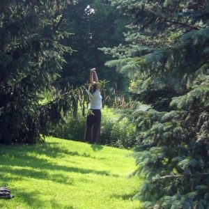 Woman stretching in morning sunlight