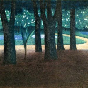 painting of trees in the evening light